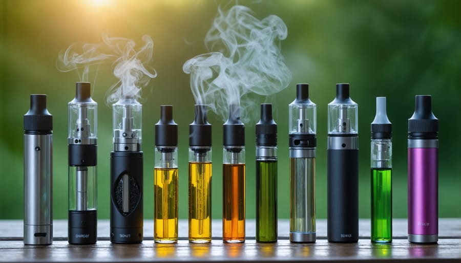 Various types of vaping products, including a vape kit, e-liquids, and vape accessories displayed on a table