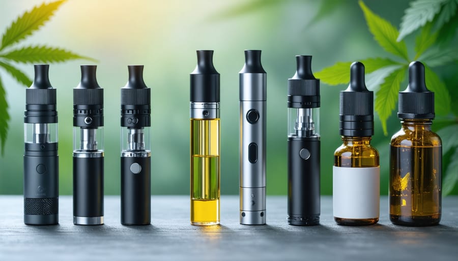 Various CBD vape products displayed showing different types and packaging styles