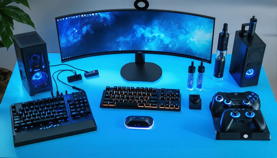 Well-organized gaming desk with separate vaping station including spill mat and battery case