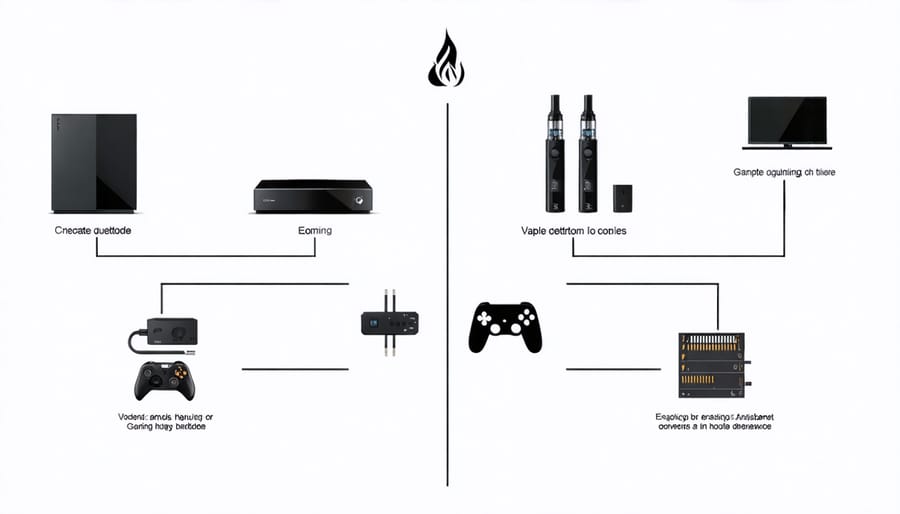Illustrated safety diagram showing proper placement of vaping devices near gaming equipment